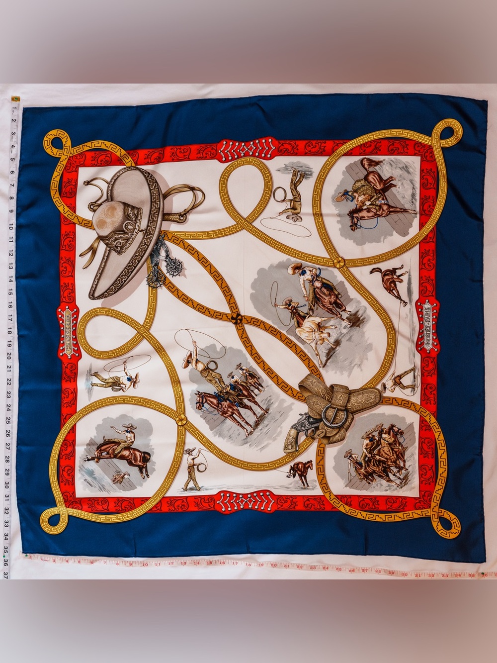 Hermès Charreada Silk Twill Scarf Carré 90 Ivory Gold Mexican Rodeo Motif
